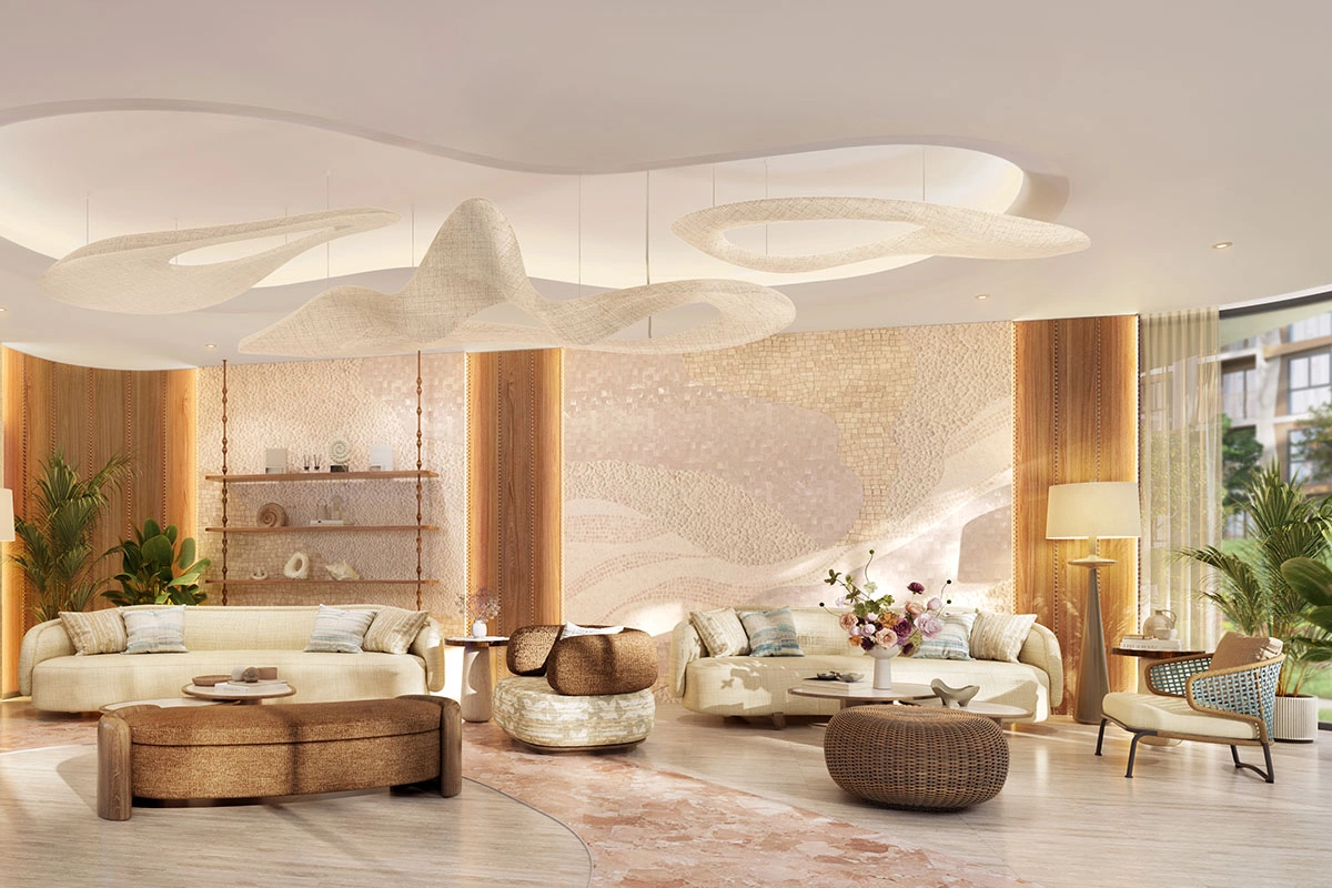 The lobby: woven light fixtures under a wave-shaped ceiling, pale sofas and a wall of fine mosaic