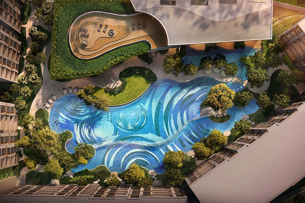Straight-down view: wave mosaic on the pool floor, a timber deck and lawn between the buildings
