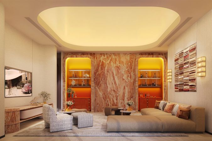 Private Lounge: стена из красно-рыжего мрамора с двумя подсвеченными нишами, телевизор напротив, диван и кресла