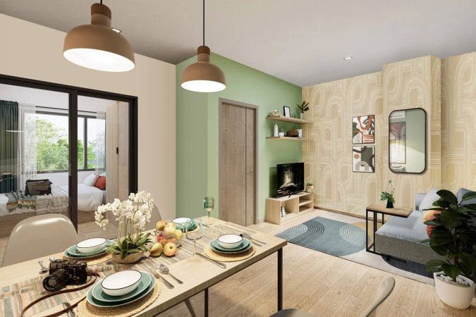 Интерьер квартиры 38,25 м²: обеденный стол на переднем плане, диван и телевизор у стены с обоями, слева за раздвижной стеклянной перегородкой многофункциональная комната, дверь спальни — в глухой стене по центру кадра
