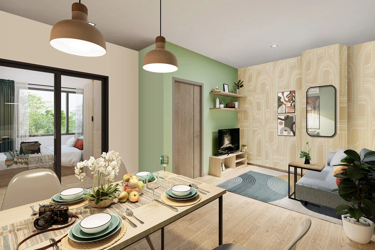 Inside the 38.25 sq m flat: the dining table in the foreground, sofa and TV against a papered wall, the multi-purpose room on the left behind a sliding glazed partition, and the bedroom door in the solid wall at the centre of the frame