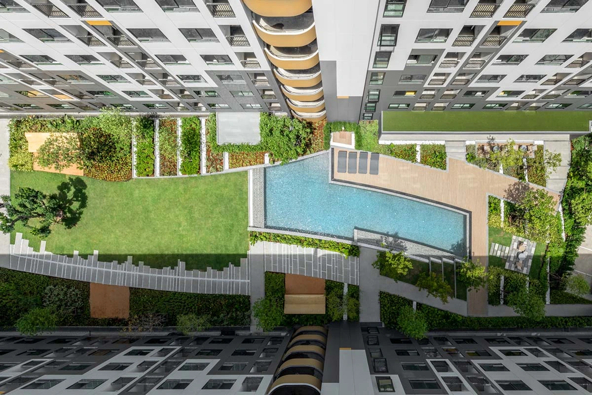 Straight-down view: lawn with a tree on the left, the pool and its deck on the right, the building roofs with air-conditioning units above and below