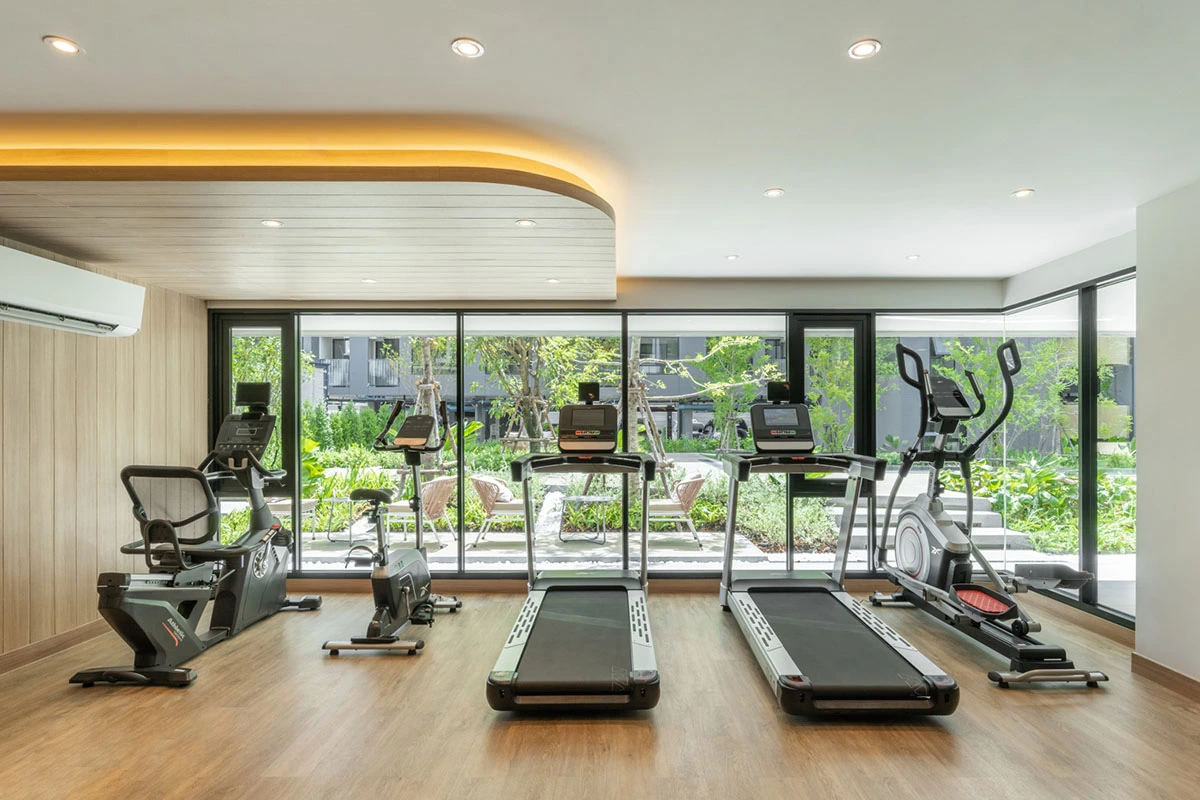 The gym: two treadmills, a cross-trainer and exercise bikes on a timber floor, with full-height glazing onto the garden