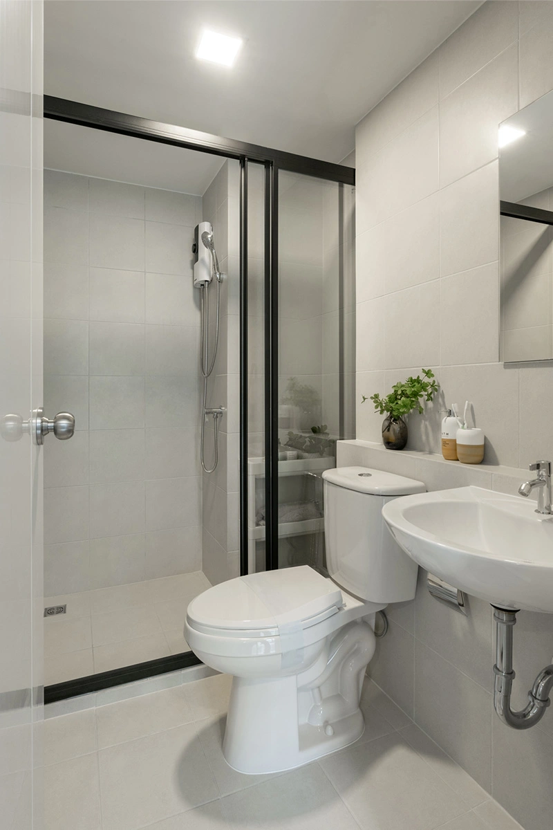 The bathroom: a shower behind a glass door with a hand spray, a toilet and a wall-hung basin, all in pale large-format tile
