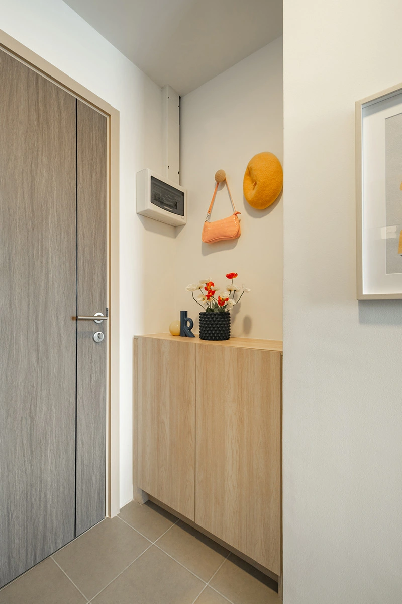 The entrance hall: the front door, the electrical panel on the wall, a narrow shoe cabinet and a hook with a bag above it