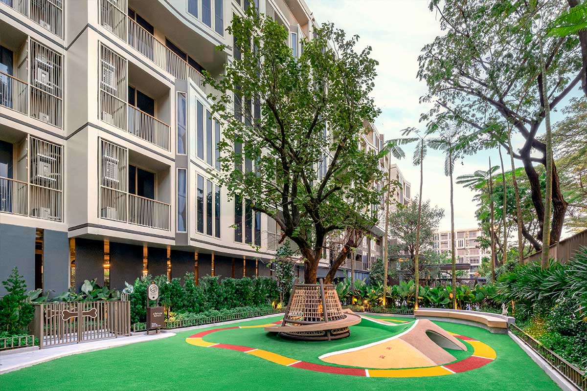 The dog run: artificial turf with coloured markings, a ramp and a tunnel, a round woven bench around a tree and a gate with a bone on it