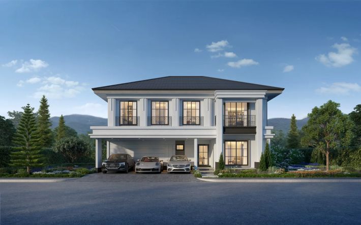 A two-storey house: symmetrical facade, tall windows and a three-car carport