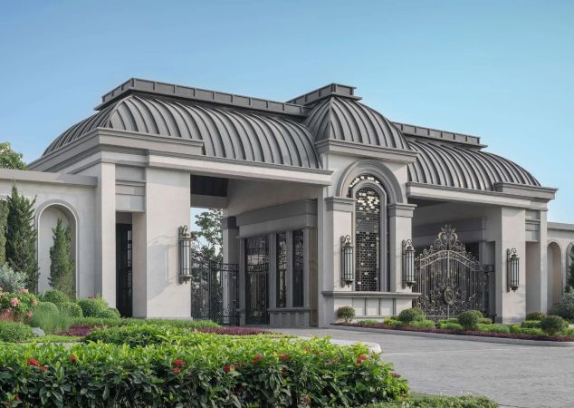 The entrance pavilion: a barrel-vaulted roof, an arched window and wrought-iron gates