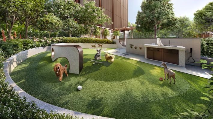 The pet garden: lawn, path and a kennel-shaped shelter