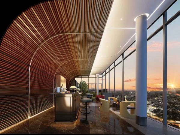 Sky Lounge: изогнутый деревянный потолок, кресла у сплошного остекления