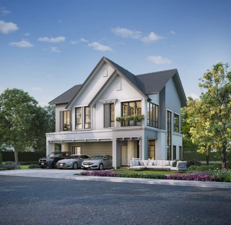 A house: a steep roof, white trim, a two-car carport and a terrace