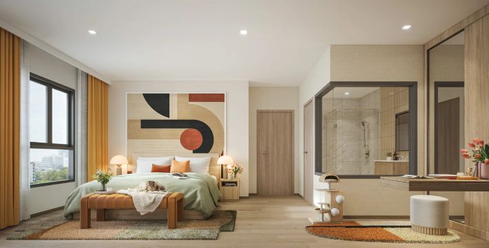 A bedroom with a full-wall window and a door to the bathroom