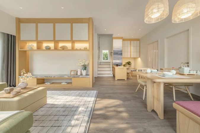 Inside the clubhouse: pale timber, a counter and soft seating
