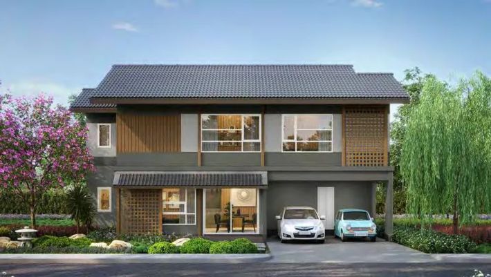 A semi-detached house: two entrances under one roof, a bicycle by the gate