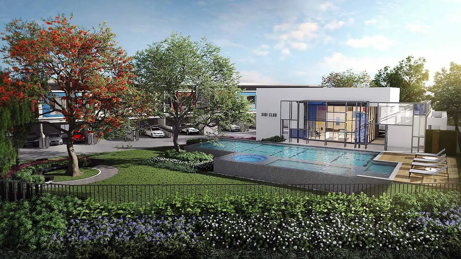 The clubhouse with its pool, lawn and paths in front