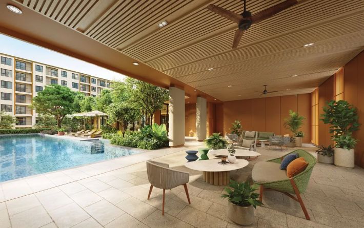 The sheltered lounge by the pool