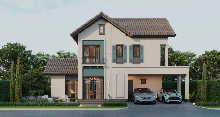A detached house with shutters and a side carport