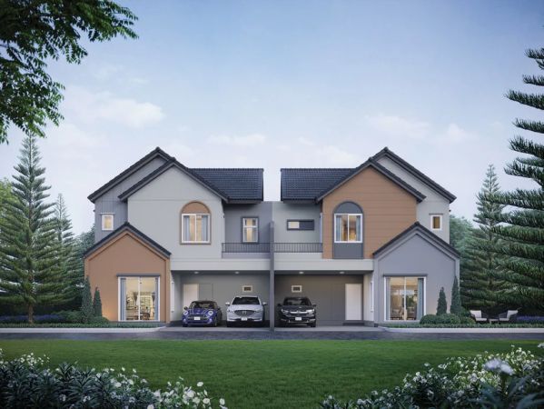 A pair of semi-detached houses with cars under the carports