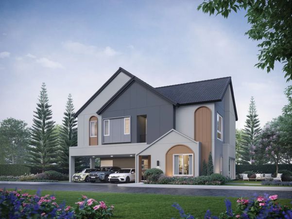 A house with a tall gable among pines