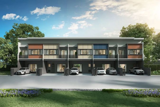A row of townhomes with two-car carports
