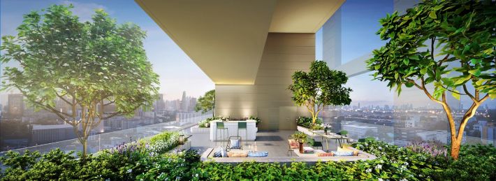 The rooftop lounge with greenery and a city view