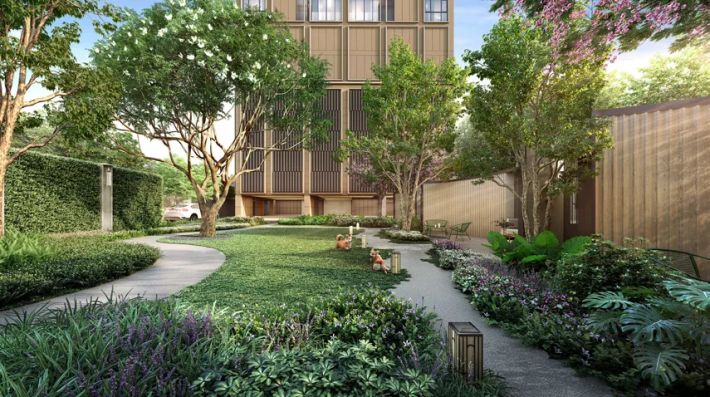 The garden path along the building