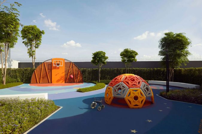 The playground with its dome and climbing sphere
