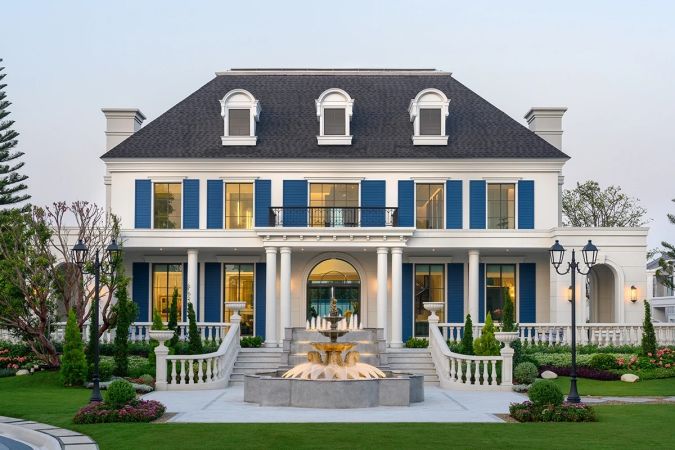 The clubhouse with its portico and dormer windows