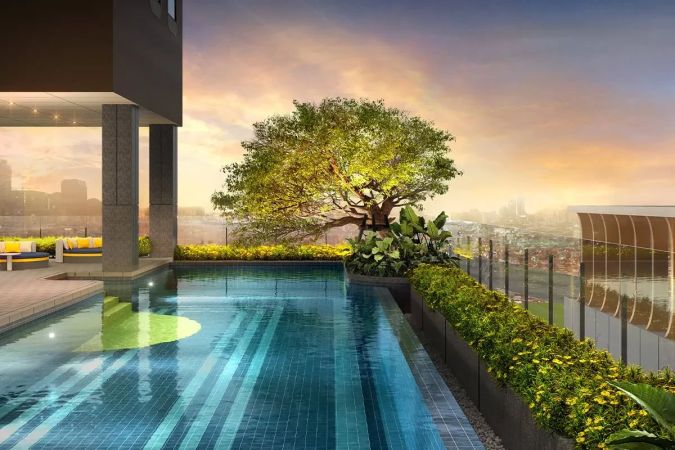 The rooftop pool with a city view