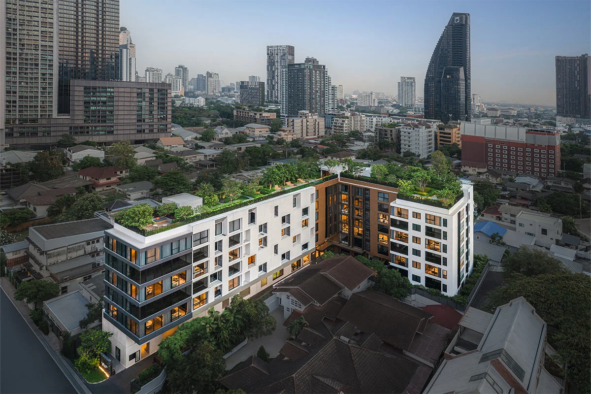 The building among the Sukhumvit blocks from above