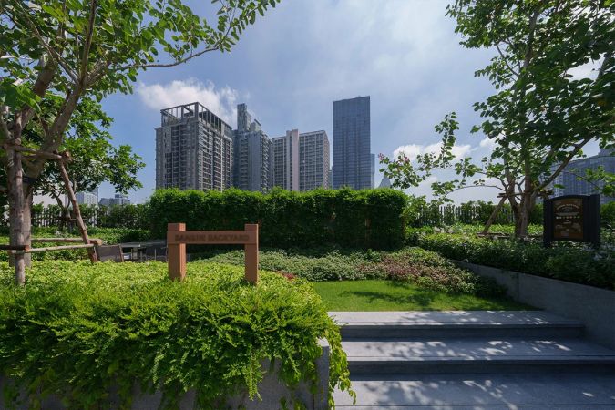 The courtyard garden against the towers