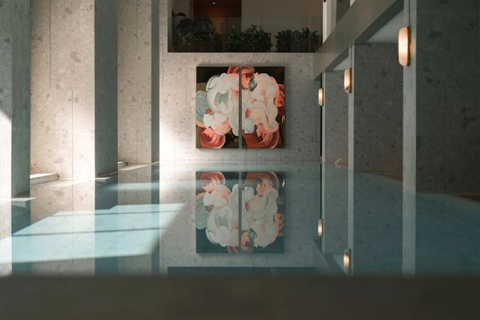 The pool lined in glass block