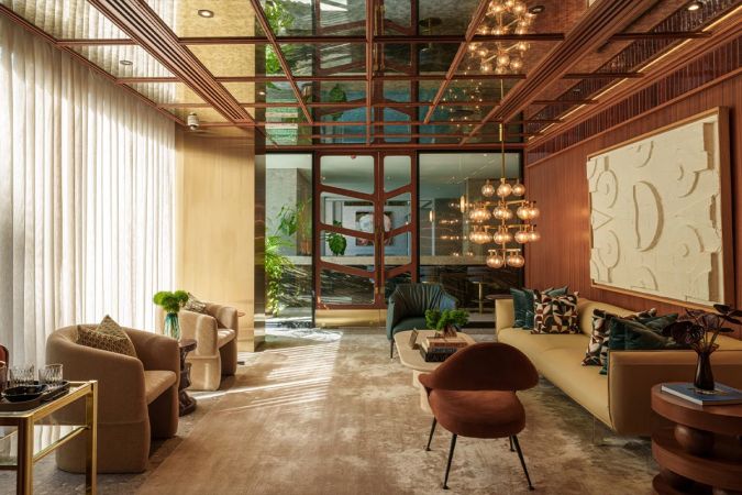 The double-height lobby