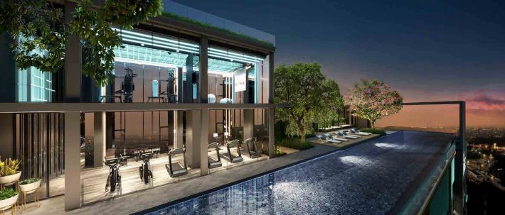 The rooftop pool at dusk