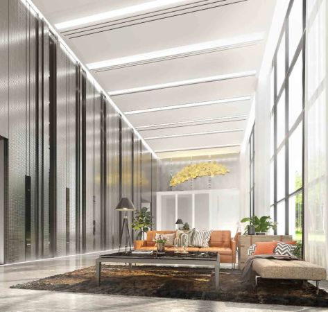The double-height lobby