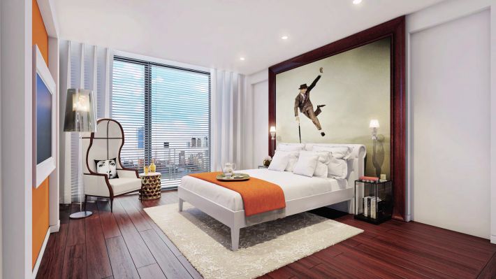 The bedroom of the show apartment