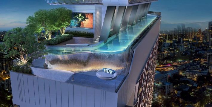 The rooftop pool at night
