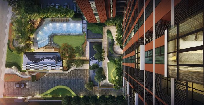 The pool and garden from above