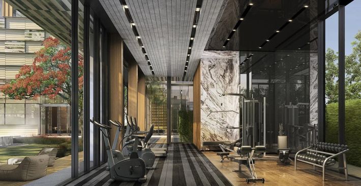 The gym with its stone wall