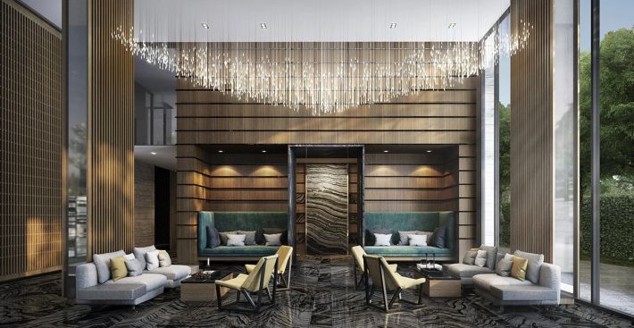 The double-height lobby