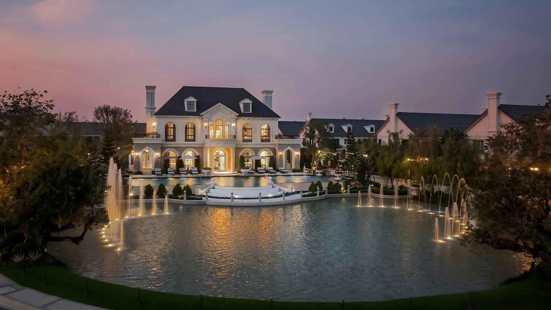 The lakeside clubhouse at dusk