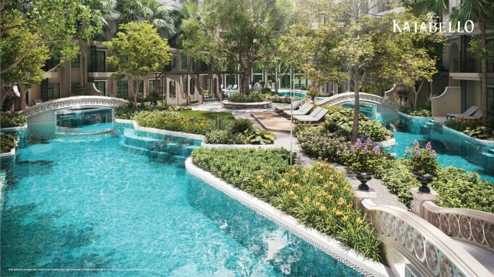 The courtyard: a pool with bridges, planting and loungers