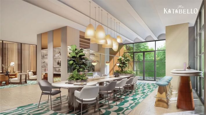 The co-working room: a long shared table and a bar counter by the window