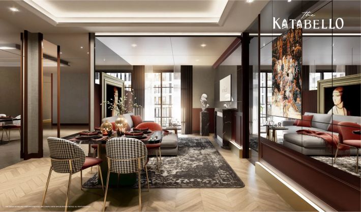 The show unit's living-dining room with a mirrored wall