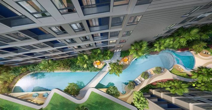 Pool between the buildings, aerial view