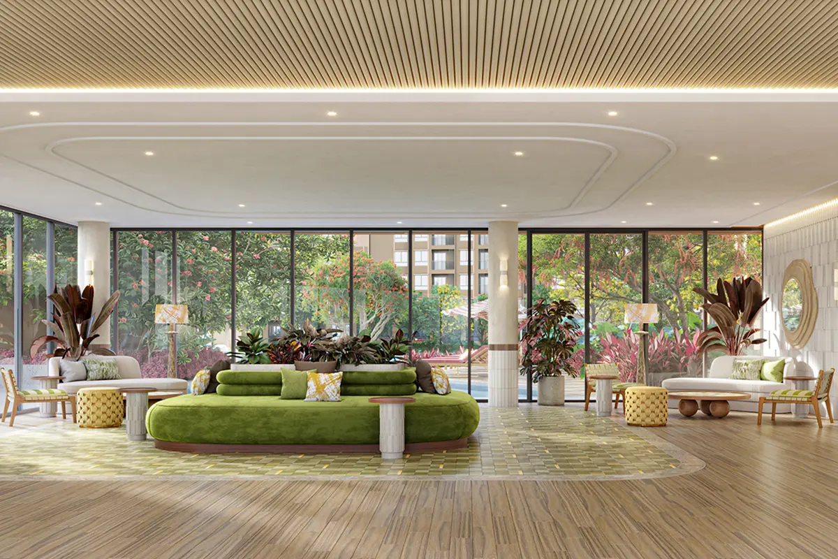 The lobby: a green island sofa in the middle of the hall, full-height glazing onto the garden and a slatted ceiling