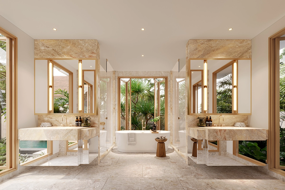 The master bathroom: two stone vanities with mirrors facing each other and a free-standing tub at the window onto the garden