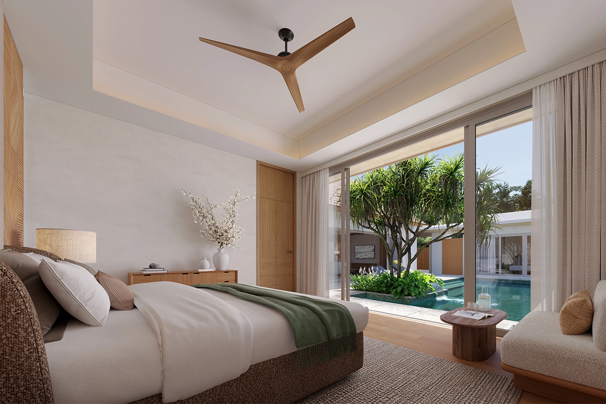 A bedroom with a sliding wall onto the pool: a bed with a woven headboard, a daybed and a low wooden table by the window