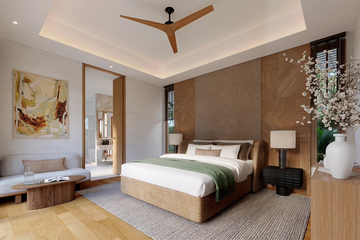 The master bedroom: the headboard against a wall of patterned wood inlay, the bathroom doorway on the left, a daybed by the window