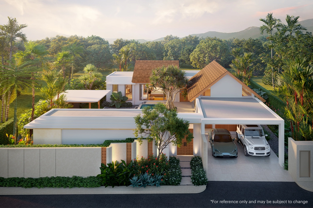 A villa from the street: a two-car carport, a wooden gate in the solid wall, pitched shingle roofs above the house and hills in the distance
